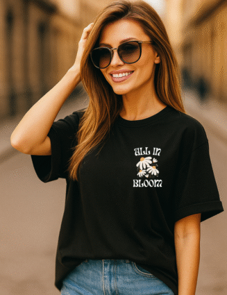Women’s Oversized Black T-Shirt with “All in Bloom” Graphic Print – Casual Streetwear Style