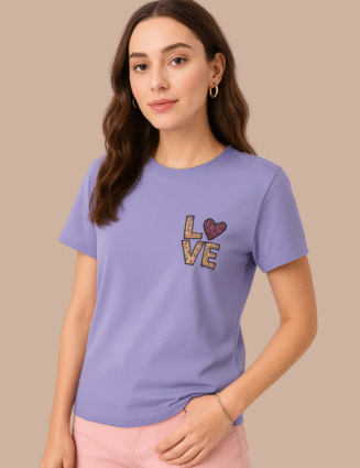 Women’s Lavender Regular Fit T-Shirt with “LOVE” Heart Patch | Soft Cotton Casual Tee