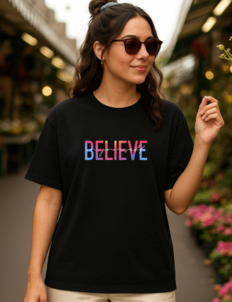 Women’s Oversized “Believe in Yourself” Printed Black T-Shirt