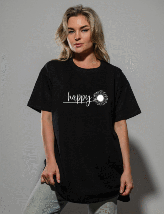 Women’s Oversized Black “Happy” Printed T-Shirt – Casual Cotton Streetwear