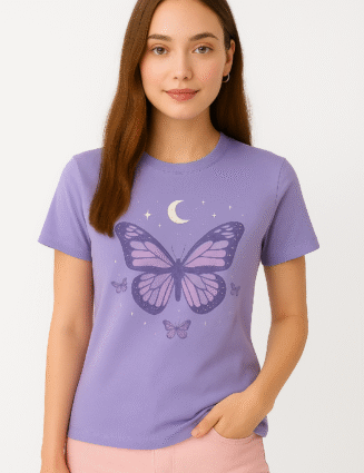 Women’s Lavender “Butterfly Aura” Graphic T-Shirt – Casual Regular Fit